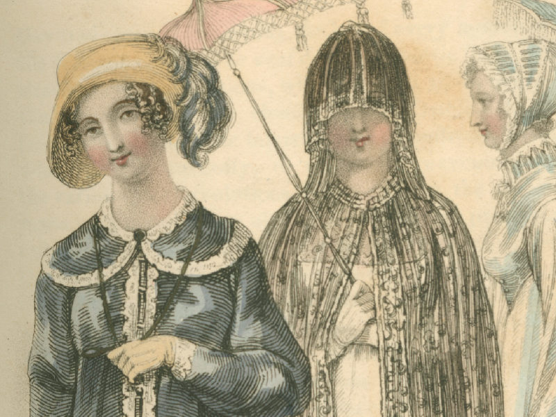 color drawings of four women in ball and promenade dresses