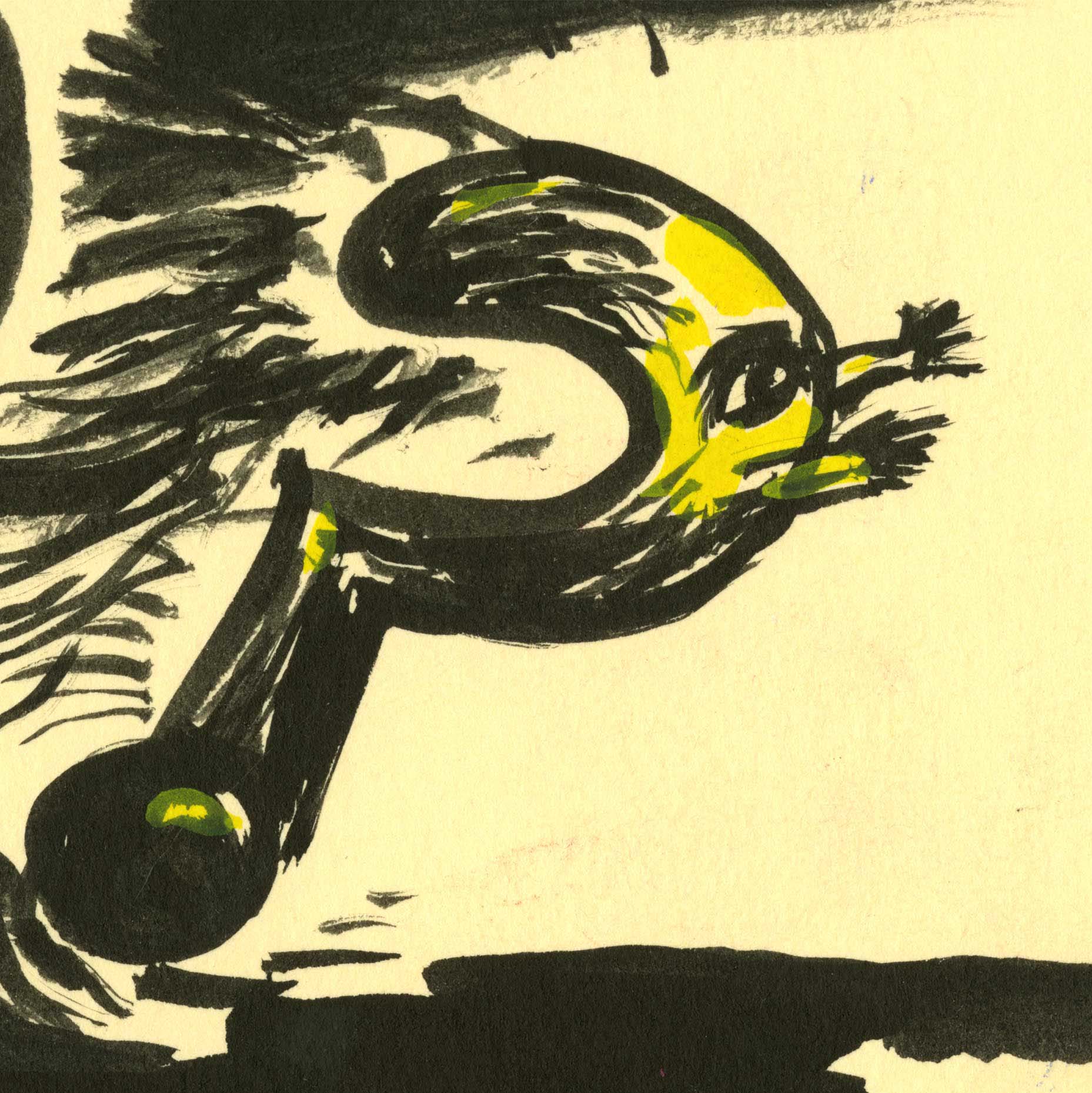 From a print drawing, a tilted yellow and black question mark with outstretched hands and an eye