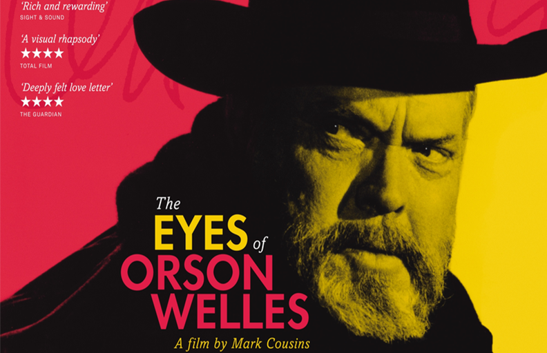 Cropped image of movie poster for The Eyes of Orson Welles, with a red and  yellow background and picture of Orson Welles wearing a hat