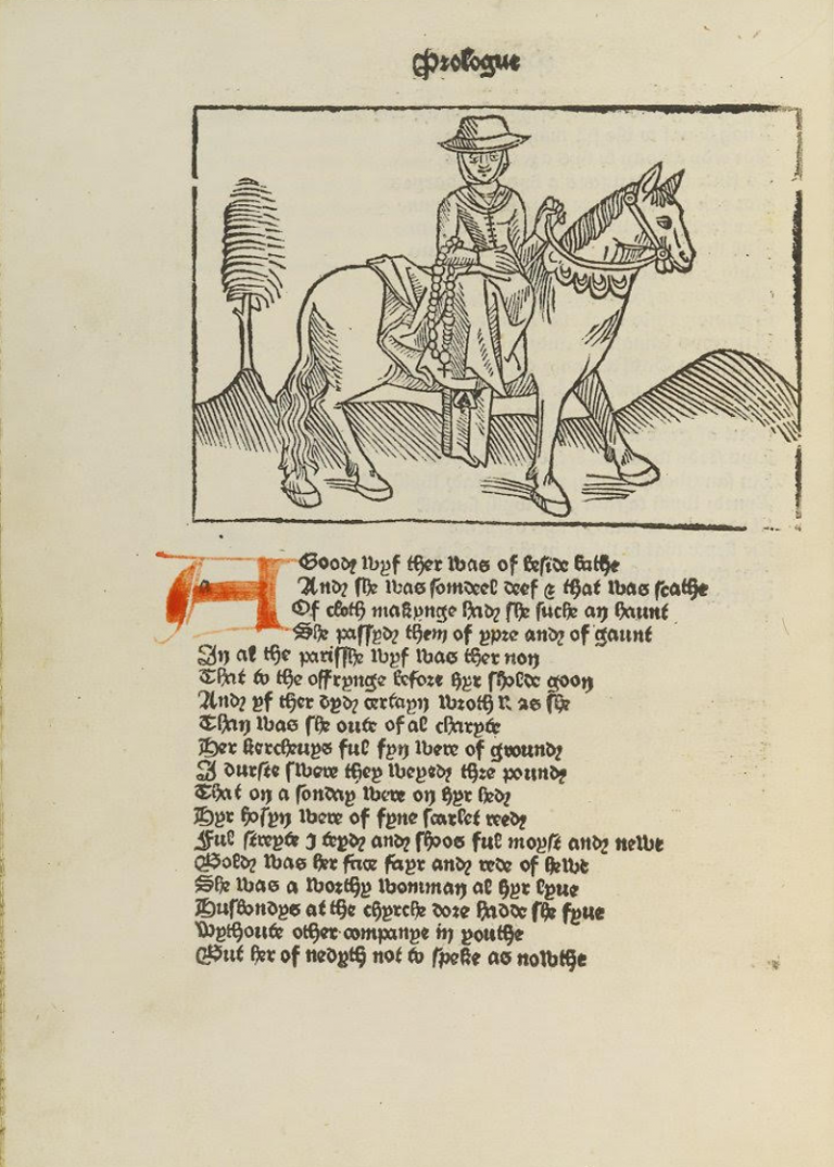 Image of a page of The Canterbury Tales with an image of the Wife of Bath