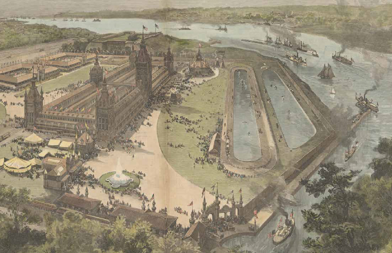 Color print of a bird's eye view of the 1889 Detroit International Fair and Exposition