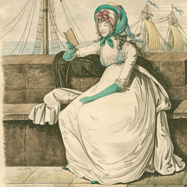 Color drawing of a woman elaborately dressed in the style of the 19th-century, sitting on a waterfront reading a book