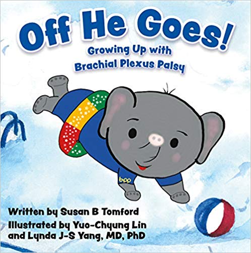 The cover of the book There He Goes, illustrated with a cartoon drawing of an elephant