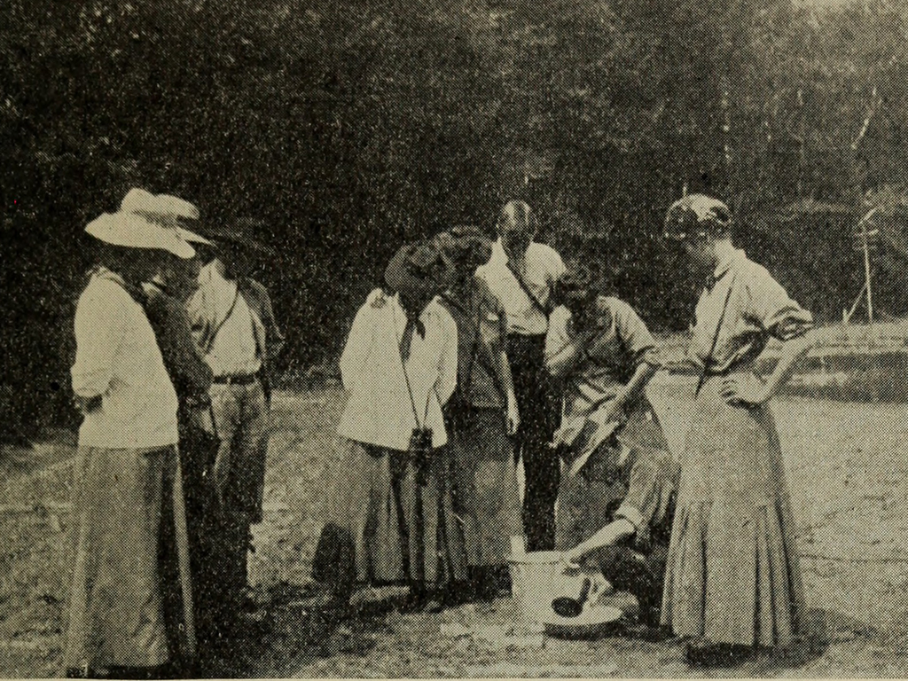 A grainy photograph of a group of people in the woods examining something in a bucket