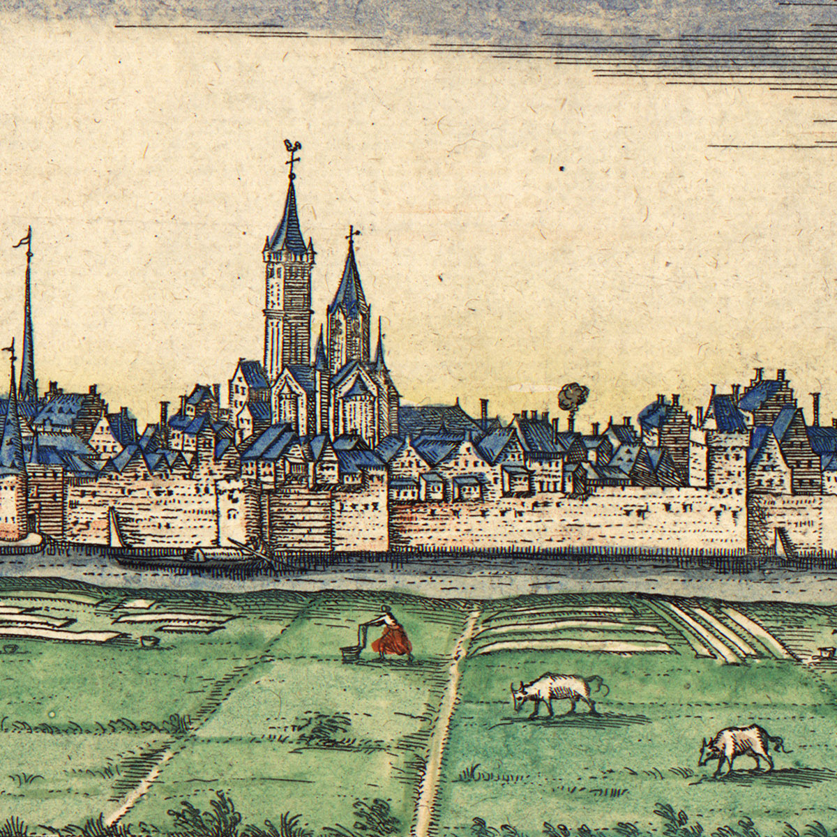 Color illustration of landscape with with buildings of varying heights in the back ground and an open field with people and animals