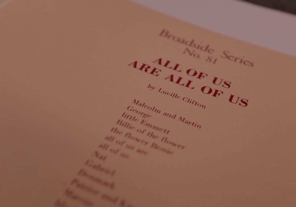 A cropped view of a poem printed on a broadside. Text at the top reads Broadside Series No. 81. Below that is the title and author, All of Us Are All of Us by Lucille Clifton. 