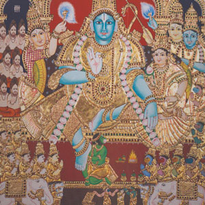 A colorful image with multiple figures in it. At the center is a seated figure with blue skin, dressed in gold and wearing a gold headdress.