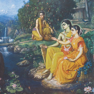 Painted image of a man and woman wearing gold robes, seated on the banks of a river, with a woman and a fruit-bearing tree in the background