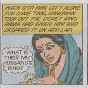 Single panel of a comic strip depicting a woman wearing a blue headscarf and holding a diamond ring. The panel includes narrative text at the top and a dialog bubble